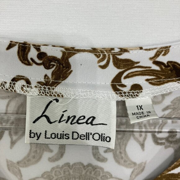 Linea by Louis Dell'Olio size 1X Brown White Damask Stretch Knit 3/4 Sleeve Top - Picture 2 of 8